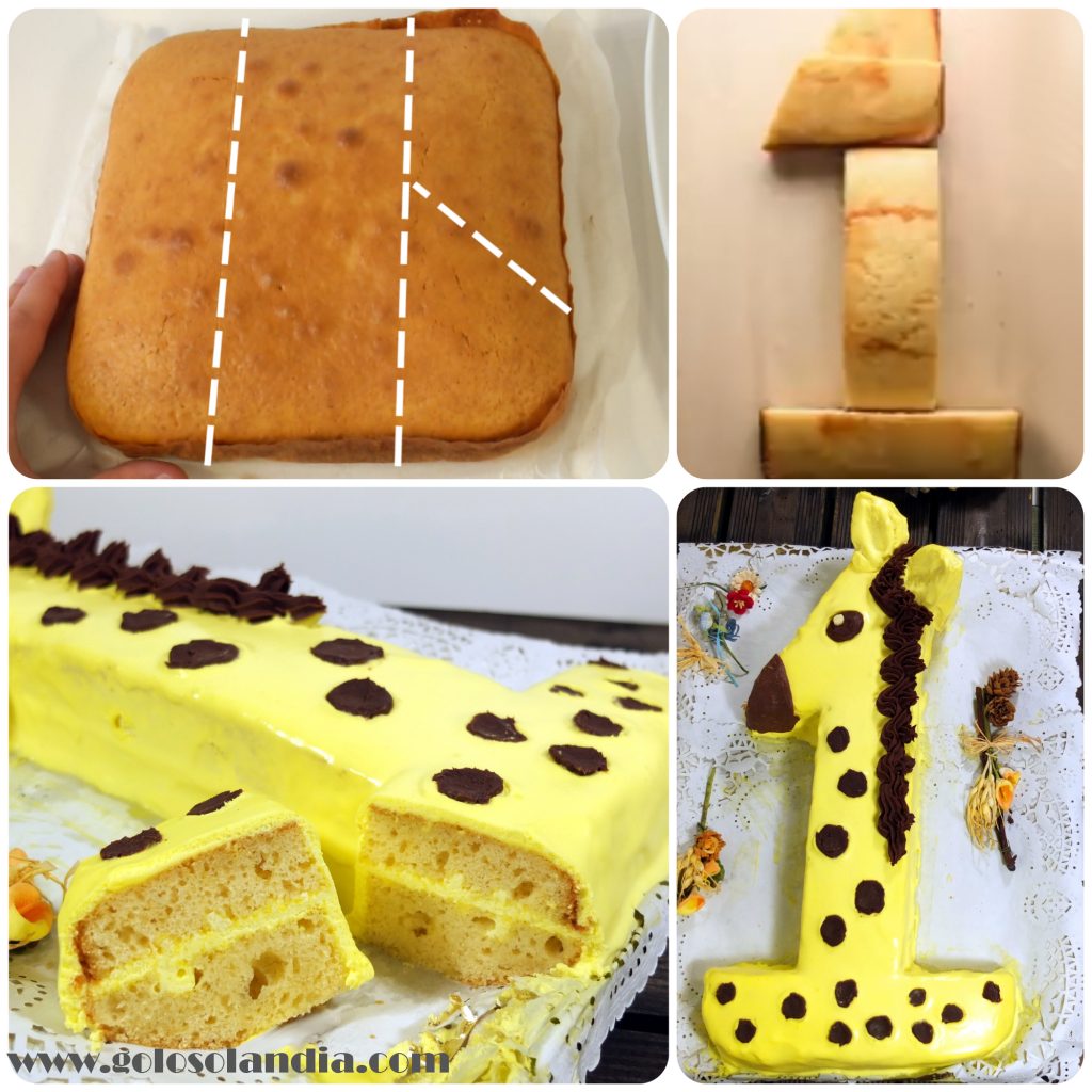 Tarta primer cumpleaños, pastel numero uno con forma de jirafa.