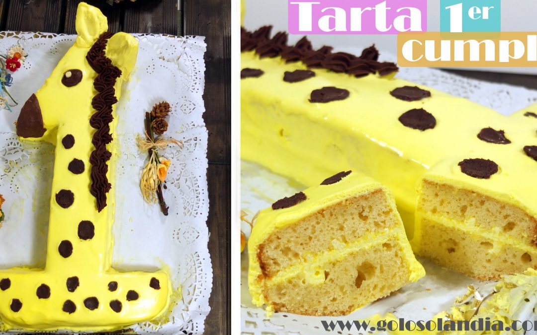 Tarta primer cumpleaños, pastel numero uno con forma de jirafa.